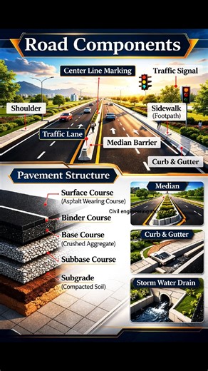 This Comprehensive Visual Guide Breaks Down Essential Road Components And The Multi-Layered Pavement Structure Used In Civil Engineering. The Infrastructure Includes Critical Elements Like Traffic Lanes, Median Barriers, And Storm Water Drains For Safety And Drainage. The Pavement Itself Is Built From The Ground Up, Starting With Compacted Subgrade Soil, Followed By Subbase And Base Courses Of Crushed Aggregate, And Finishing With Asphalt Wearing Courses. These Layers Are Engineered To Distribut