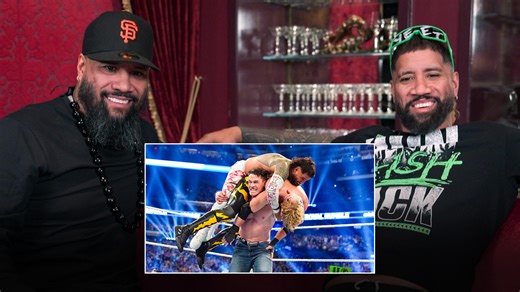 AJ Styles, Sami Zayn, Carmelo Hayes, Jimmy Uso and Royal Rumble winner Jey Uso watch and react to the 2025 edition of WWE’s 30-man melee. | WWE