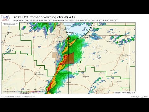 Tornado Warning (Confirmed) for Iroquois and Kankakee, IL and Newton, IN. (EAS 1,193) 12/28/25.