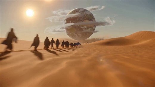 Prompt : Begin on a vast alien desert under two suns, where a line of cloaked travelers walks toward a distant floating sphere the size of a moon, suspended just above the dunes and rippling with storms across its surface. The camera races low through the sand, overtaking the travelers, then rises toward the hovering world as the wind becomes deafening. Lightning flickers within the sphere; oceans, mountains, and cloud bands rotate across it as though an entire planet is hanging in the air. The 