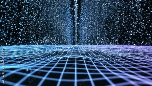 Abstract Digital Vortex of Blue and Purple Particles Ascending from a Grid Surface.