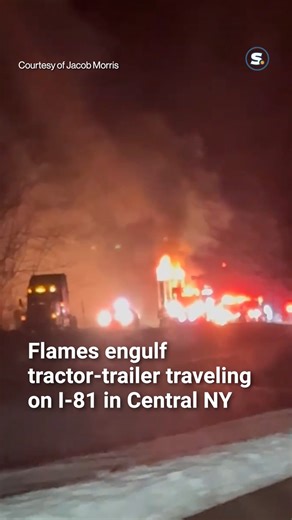 A tractor-trailer became engulfed in flames early Sunday morning after its driver pulled over while traveling on Interstate 81 in Central New York. https://l.syracuse.com/h42v74 🎥: Jacob Morris | syracuse.com