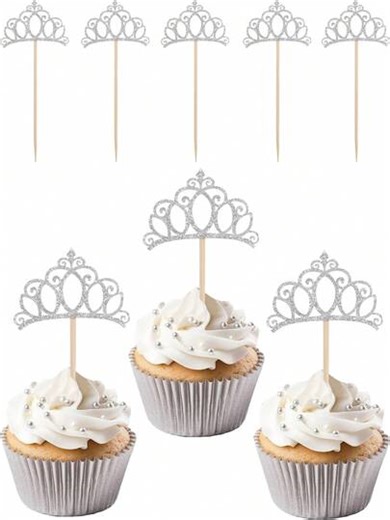 24/12pcs Silver Crown Cake Toppers With Glitter, Suitable For Queen/Princess Themed Cakes, Wedding, Birthday, Gender Reveal Party Cake Decorations | SHEIN