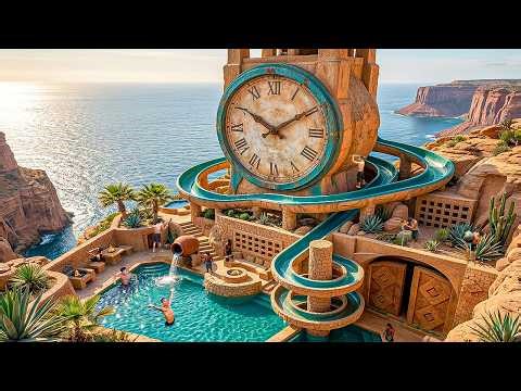 250 Days Building a Luxury Cliffside Clock Tower Resort & Spiral Water Slides Using Primitive Tools