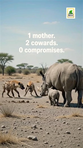 A rhino mother shielding her calf as two hyenas circle – she charges, they scatter, calf stays