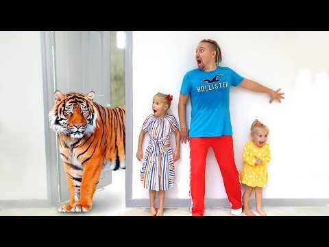 Alice and Dad Pretend Play Hide and Seek with Wild Animals