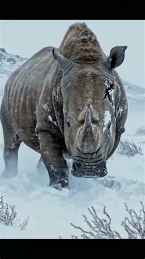 Woolly Rhino Battles Blizzard to Reach Shelter