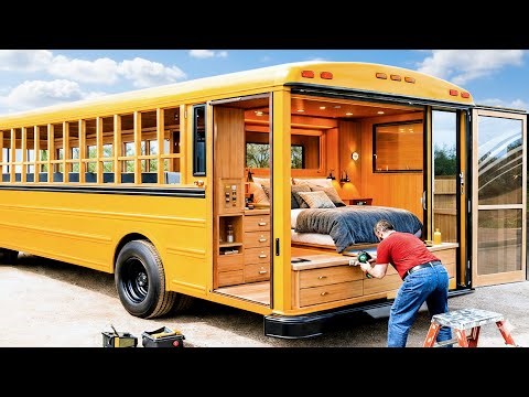 Couple Turns School bus into Luxury Camper | 1-Year Timelapse by ‪@skoolievanblog‬​