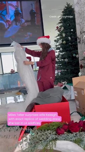 Goss.ie on Instagram: "Miles Teller surprised his wife Keleigh Teller with an exact replica of her wedding dress, which she sadly lost in the Los Angeles wildfires earlier this year 🥹 In a TikTok video, Keleigh shared the emotional moment she opened a large red box to find the dress inside on Christmas morning 🤍 The couple lost almost all of their belongings when their house burned down in the LA wildfires back in January. Read more via the link on our story 📲"