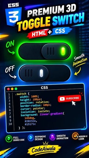 #coding #uiux Premium 3D Neon Toggle Switch Using HTML CSS JavaScript | Smooth Animation #webdesign