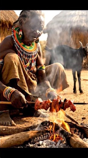 Elder Tribal Woman Preparing, Roasting, and Eating Traditional Fire-Cooked Meat