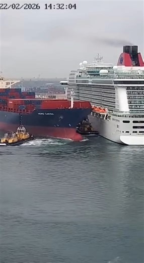 Massive Cargo Ship Collides with Cruise Liner Rotterdam, Netherlands — May 14, 2025 Dramatic footage captured at one of the world's busiest ports shows the moment a massive container ship, the NORD CARINA, lost control while maneuvering in the harbor and collided with a docked luxury cruise liner. The impact sent shockwaves through the larger vessel as onlookers watched the slow-motion disaster unfold from the pier. The video reveals multiple tugboats attempting to push and pull the cargo ship a