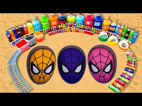 Experiment: Orange vs Purple vs Pink Spiderman Eruptions from Spiderman Family, Coca Cola vs Mentos