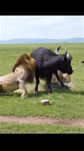 Short - Epic Battle: Two Male Lions Attempt to Take Down a Massive Buffalo