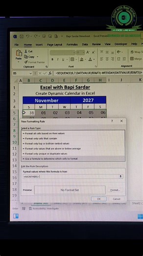 Create a Dynamic Calendar in Excel 📅 Build a smart, dynamic calendar in Excel that updates automatically with month and year selection! 🔄 Using simple formulas like DATE, MONTH, YEAR, WEEKDAY, you can track schedules, highlight weekends, and plan tasks efficiently. Perfect for attendance, planning, and productivity 📊✨ Hashtags: #ExcelCalendar #DynamicCalendar #ExcelTips #MSExcel #ExcelFormulas #ProductivityTools #OfficeTips #DataManagement #ExcelLearning | learn Excel with Bapi Sardar