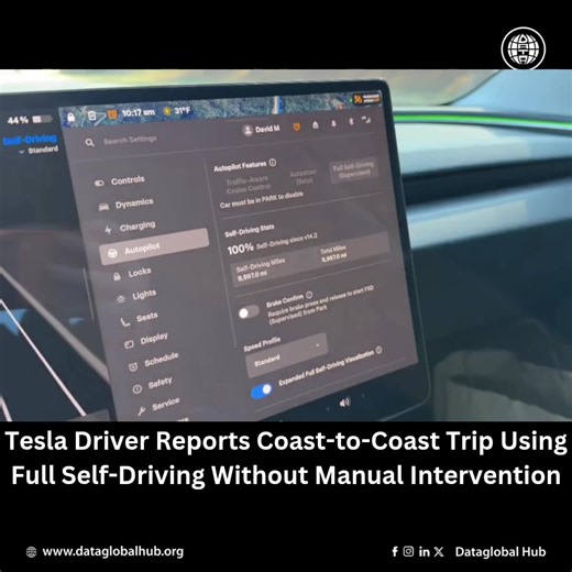 Tesla Driver Reports Coast-to-Coast Trip Using Full Self-Driving Without Manual Intervention A Tesla driver has reported completing a roughly 2,700-mile journey from Los Angeles, California to Myrtle Beach, South Carolina using the vehicle’s Full Self-Driving (FSD) system without manually taking control at any point. The trip, which took just days, has sparked discussion about the progress of driver-assistance technology. Reported Details of the Journey According to the driver, David Moss, the v