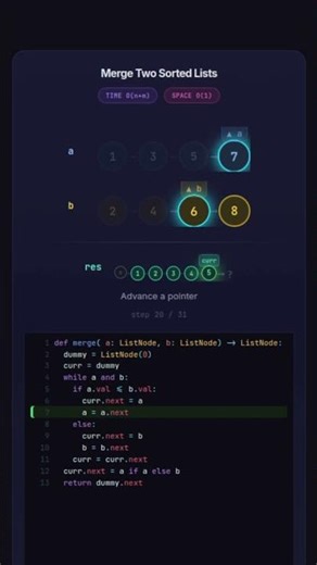 Sorted Lists Merge Step-by-Step 😳 #programming #shorts #python #coding @ilovealgorithms