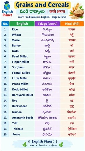 20 Grains and Cereals Names in English, Telugu & Hindi 🌾 | Food Vocabulary | English Planet