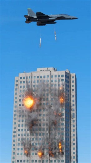 A fighter jet launches wave after wave of rockets from afar, hammering the building until the final, massive explosion. Total destruction captured in one intense moment. #RocketStrike #AerialAttack #JetAssault #BuildingExplosion #WarFootage #Destruction #HighRiseBlast #RealFootage #IntenseScene | Ujawal jha