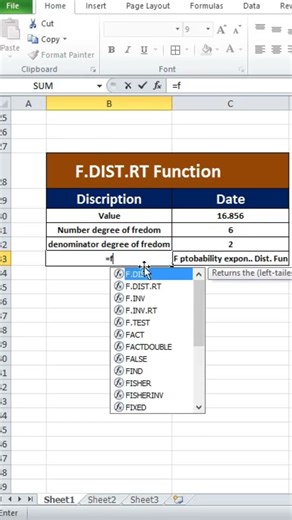 F.DIST.RT Function in Excel | Right-Tail Value Of F Distribution #ytshorts
