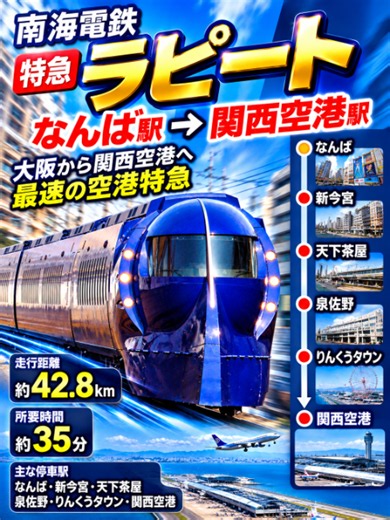 南海電鉄の特急ラピートが、なんば駅から関西空港駅まで走るルートを上空から辿ってみました。 大阪・なんばと関西国際空港を結ぶ空港特急「ラピート」。 なんば駅を出発し、新今宮、天下茶屋、泉佐野、りんくうタウンを経由して関西空港へ向かいます。 ラピートαは堺駅と岸和田駅を通過する速達タイプ。関西空港へのアクセスを支える南海電鉄の代表的な特急です。 運行区間：なんば～関西空港 路線：南海本線・空港線 距離：約42.8km 車両：50000系 最高速度：120km/h Route Generatorを使用して、ラピートの走行ルートをアニメーションで再現しました。 南海ラピートや南海本線、関西空港へのアクセスに興味がある方はぜひご覧ください。 #南海ラピート #鉄道動画 #関西空港