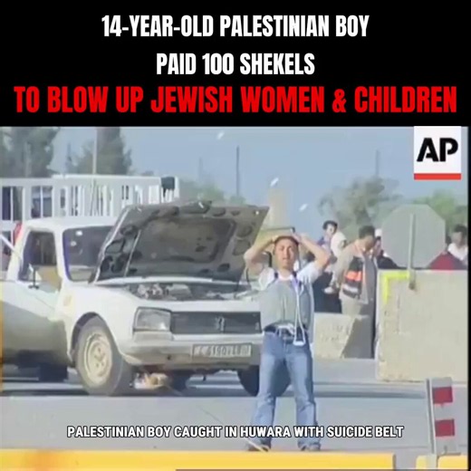 This is why I genuinely laugh at propagandists and podcasters calling Israelis “child killers”, when not only do Palestinians murder children and frequently use them as human shields and admit so, but they use children as suicide bombers to murder innocent people. On March 24, 2004, AP captured dramatic footage of Hussam Abdo, a Palestinian teen wearing an 8kg suicide vest, stopped at the Hawara checkpoint in the West Bank. Armed Israeli soldiers took cover and used a bomb-disposal robot to pass