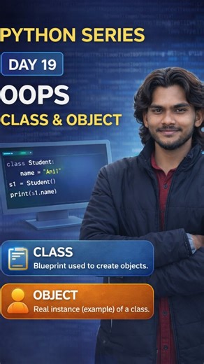 ANIL KUMAR on Instagram: "Day 19 of Python Series 🐍🔥 Today I explained OOPS in Python – Class & Object in a simple way for beginners. OOPS helps us organize and reuse code easily. 👉 Try the questions & comment your output 💾 Save for revision! python oops tutorial, oops in python for beginners, python class and object, python object oriented programming, python class example, python programming basics, learn python step by step, python series day 19, python practice questions #PythonForBeginn