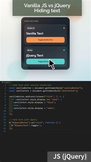 JS vs jQuery Hide Element #coding #html #css #frontend #webdevelopment #webdesign #js #jquery