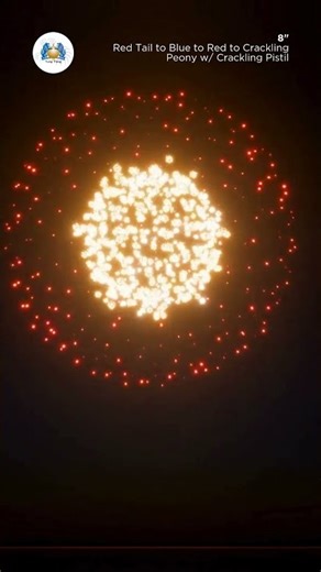 FWsim Shell | Red Tail to Blue to Red to Crackling Peony w/ Crackling Pistil (8")