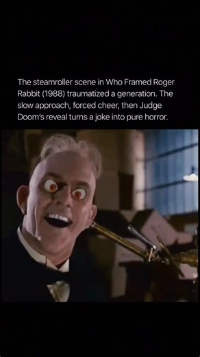 Hood on Instagram: "Damn Who Framed Roger Rabbit (1988) This groundbreaking blend of animation and live-action builds toward one of its most unforgettable moments: the steamroller scene with Judge Doom. What begins as a cartoony confrontation quickly shifts into something far more unsettling, as Doom approaches with forced cheerfulness and an eerie calm that feels completely out of place in a movie filled with slapstick energy. The slow, deliberate pacing of the scene creates a tension that many