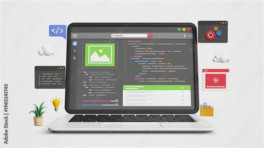 Low Code or No Code Development Concept on a Laptop. Easy Coding, Low Code Platform, Modern Software Creation Process, AI Automation, App Creation, Innovation, IT Solutions. 4K 3D Video