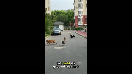 Brave cat faces off against dogs in China!