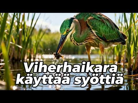 Viherhaikara käyttää syöttiä kalastuksessa lampien reunalla 🎣🪶