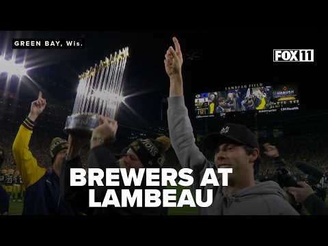 Brewers surprise Lambeau Field crowd with Commissioner's Trophy, Lambeau Leaps, sausage race