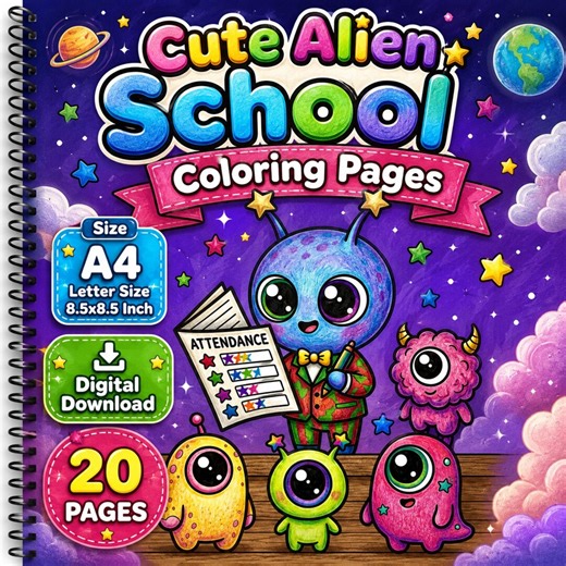 Cute Alien School Coloring Pages for Kids | Kawaii Space Classroom Coloring Book | Printable Cute Monster Coloring Pages | Digital Download - Etsy