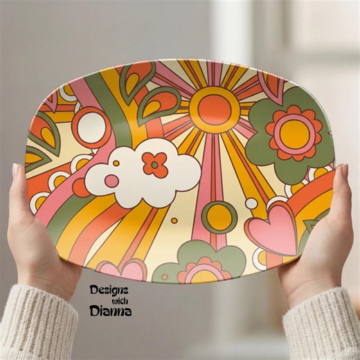 Retro 70s Groovy Serving Platter Hippie Flower Power Plate Vintage Style Colorful Boho Kitchen Decor Mid Century Dish - Etsy