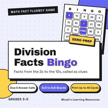 Division Facts Bingo Game - Math Fact Fluency Review 2s to 12s - 4th Grade