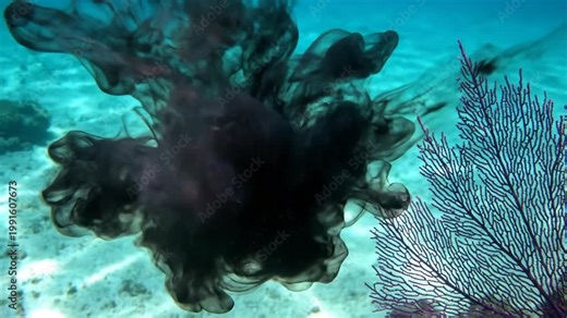Cuttlefish releases thick black ink into water to escape predator near purple coral, showcasing natural defense mechanisms in clear tropical sea.