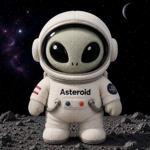 Meet Asteroid Alien, the mind-blowing extraterrestrial variant of Liv Perrotto’s iconic Asteroid Shiba Inu! The classic plush sky-blue astronaut suit remains: soft fuzzy texture, cute cat-ear hood, white collar, famous “ASTEROID” chest patch, and massive rocket flames.