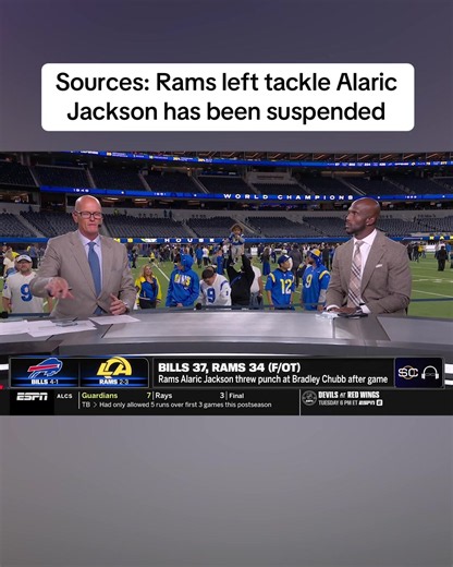 Breaking: Rams left tackle Alaric Jackson has been suspended two games for punching Bills outside linebacker Bradley Chubb during Monday night’s postgame gathering, sources told @Adam Schefter. #nfl #nflfootball #rams #bills