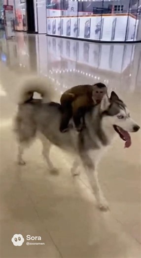 Monkey Tries Bull Riding on a Husky in a shopping mall #funnyface #funniestvideo #monkey
