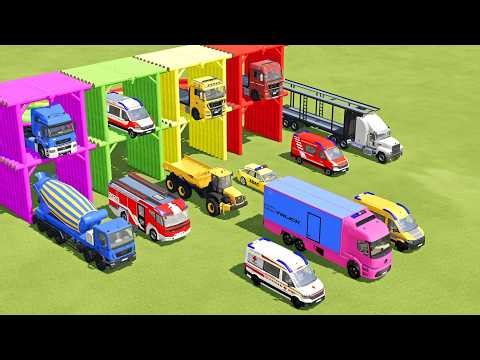 TRANSPORTING FIRE TRUCK, POLICE CARS, DUMP TRUCK, BOX TRUCK, SCANIA BUS , MAN TRUCK - FS22