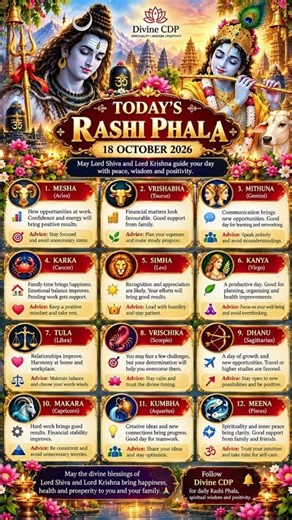 Today's Rashi Phala🔮12 Zodiac Signs Predictions!18 October 2026 🔱 Shiva Krishna Blessings #Shorts
