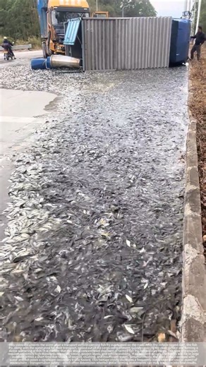 The truck overturned during transportation, and the fish spilled onto the road.
