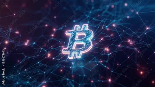Bitcoin symbol floats illuminated within a dark blue interconnected digital data network.