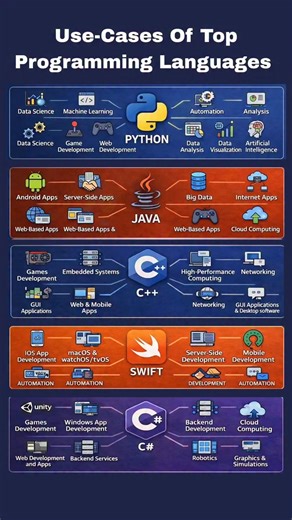 exploring the use-cases of top programming languages Discover how the world’s most popular programming languages power modern technology. From data science and artificial intelligence to mobile apps, cloud computing, and game development, each language has its unique strengths and real-world applications. 🐍 python – data science, machine learning, automation, ai, web development ☕ java – android apps, enterprise systems, cloud computing, big data ⚙️ c – game engines, embedded systems, high-perf