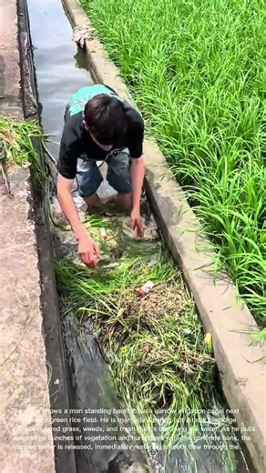 Cleaning Irrigation Canal: Man Removes Grass and Debris to Restore Water Flow