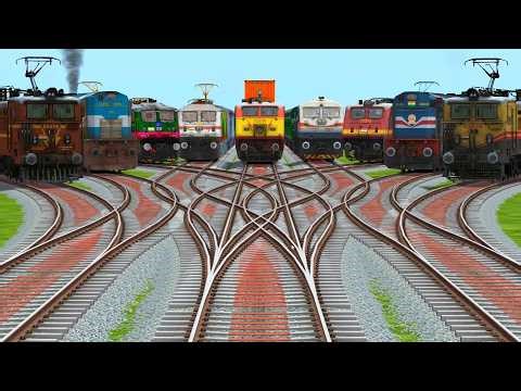 🥸9 Electric Trains Run On High Graphic Bumpy Railroad | Curves Railroad | train simulator