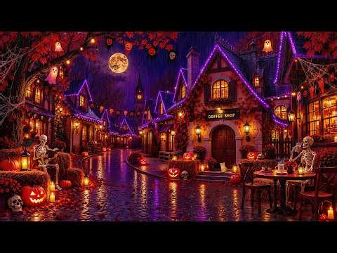 Warm Autumn Jazz in a Haunted Coffee Shop 🎃 Spooky Sounds & Rainy Halloween Streets for Relaxation