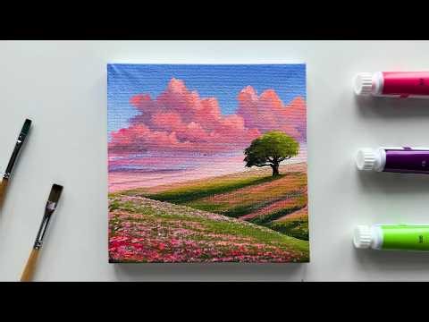 How to Paint a Dreamy Flower Field & Pink Clouds | Acrylic Landscape Tutorial